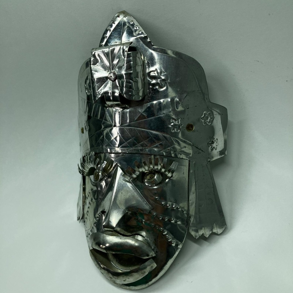 Vintage Mexican Folk Art Metal Mask Hojalata 8x6 Silver Warrior Hand Punched - Picture 8 of 12